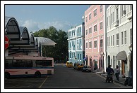 Looking down the street at the bus terminal.