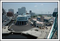 Nauticus, USS Wisconsin to the left, Half Moone Cruise Terminal to the right.  Note the luggage carts in the center.