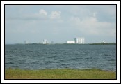 Several of the big buildings at the space center from across the causeway.
